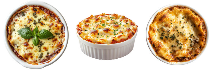 Set of A close-up of a freshly baked eggplant lasagna with layers of roasted eggplant, bell peppers, zucchini on transparent png background. Ai generated