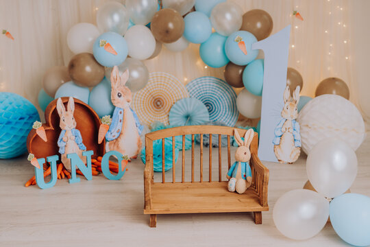 first birthday smashcake photo session in a photo studio with peter rabit theme and balloons