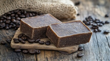 Rich coffee and chocolate soap bars rest on a rustic background, emphasizing organic skincare and natural ingredients.  
