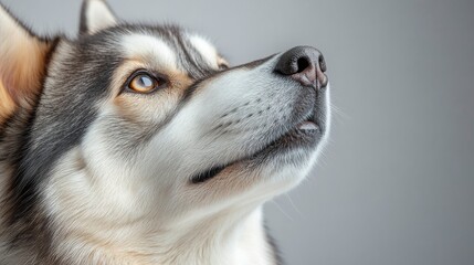 Fototapeta premium Closeup Portrait of an Alaskan Malamute Dog Looking Up Against a Grey Background