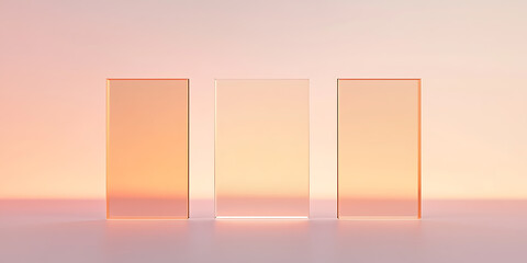 Minimalist composition with three transparent, rectangular glass blocks against a soft gradient background. Abstract, clean, and refined aesthetic.