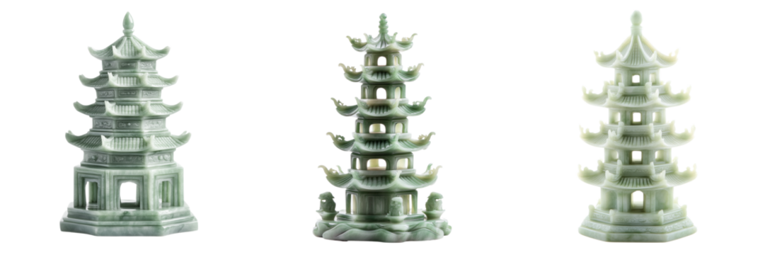 Set of A delicate jade carving depicting a traditional Chinese pagoda with traditional architectural elements on transparent png background. Ai generated