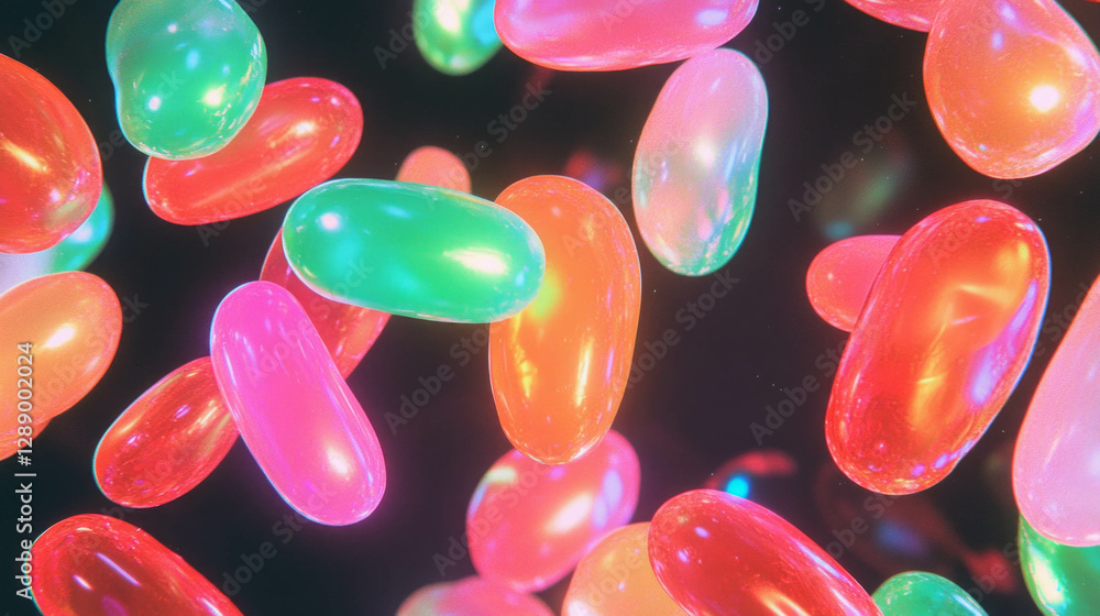 Poster colorful jelly beans floating on a dark background for confectionery design
