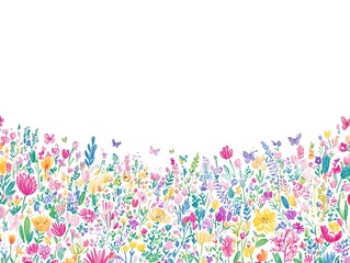 Vibrant floral illustration showcasing a diverse array of colorful flowers and butterflies