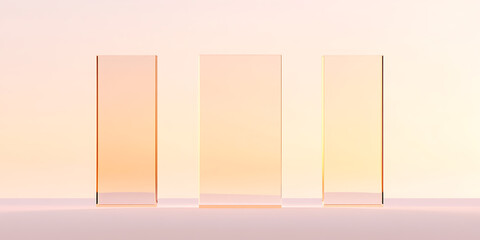 Minimalist still life featuring three glass rectangles, bathed in soft peach and cream tones, offering a serene and elegant aesthetic.