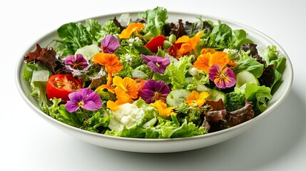 A clean photo of a fresh garden salad styled with edible flowers and vinaigrette. background