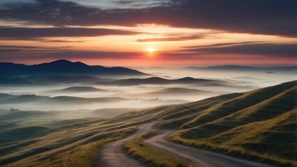 A winding road in a mountainous landscape with a beautiful reddish-purple sunset sky