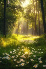 Flowers in fresh green Spring woods.