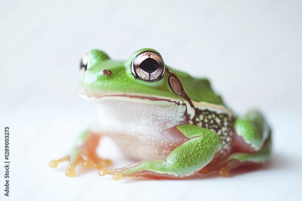 Poster a close-up shot of a frog sitting on a white surface, providing a clear view of its features