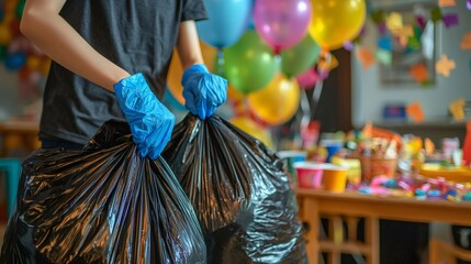 Gloved hands carrying full garbage bags after party, cleaning up mess with blurred balloons and table in background