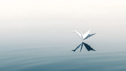 Fototapeta premium Floating Paper Crane: Serenity on the Water. Symbol of peace and hope reflected in calm ripples. A delicate reminder of stillness.