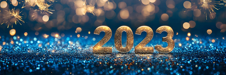 shiny golden "2023" text on a blue glitter background