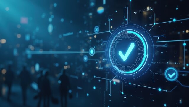 Blue check mark is displayed on a computer screen