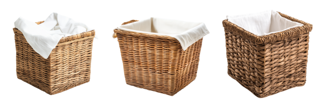 Set of A handwoven willow storage basket with a removable cotton lining on transparent png background. Ai generated