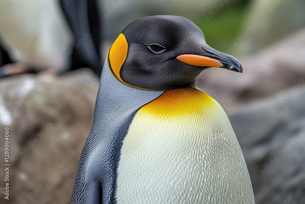 Poster a close-up view of a penguin sitting on a rocky outcropping, looking alert and curious
