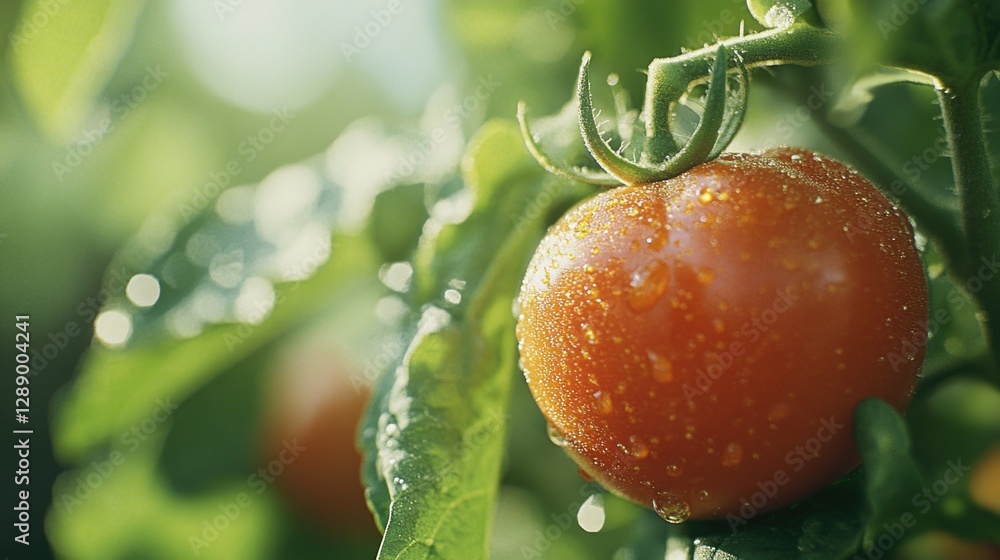Poster a close-up shot of a ripe tomato growing on a tree branch