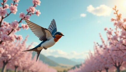 Swallow flying among blossoming cherry trees under a bright sky