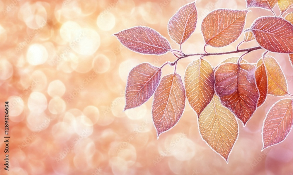 Poster frosty autumn leaves on branch with bokeh background for fall themes