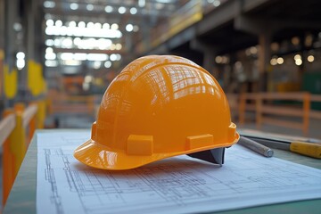 Safety helmet sits on a detailed blueprint at a construction site, surrounded by various tools and illuminated by natural light
