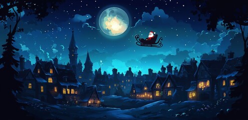 Naklejka premium A medieval town street lined with old buildings at night, featuring chalet-style houses and a Christmas tree in winter. Modern cartoon illustration