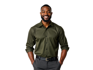Confident smiling African American man portrait. Professional business headshot, profile picture, website avatar. Isolated on transparent background.