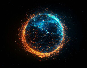 Obraz premium Digital illustration of a planet with interconnected glowing network lines and nodes orbiting around it, symbolizing global communication and the interconnectedness of the world.