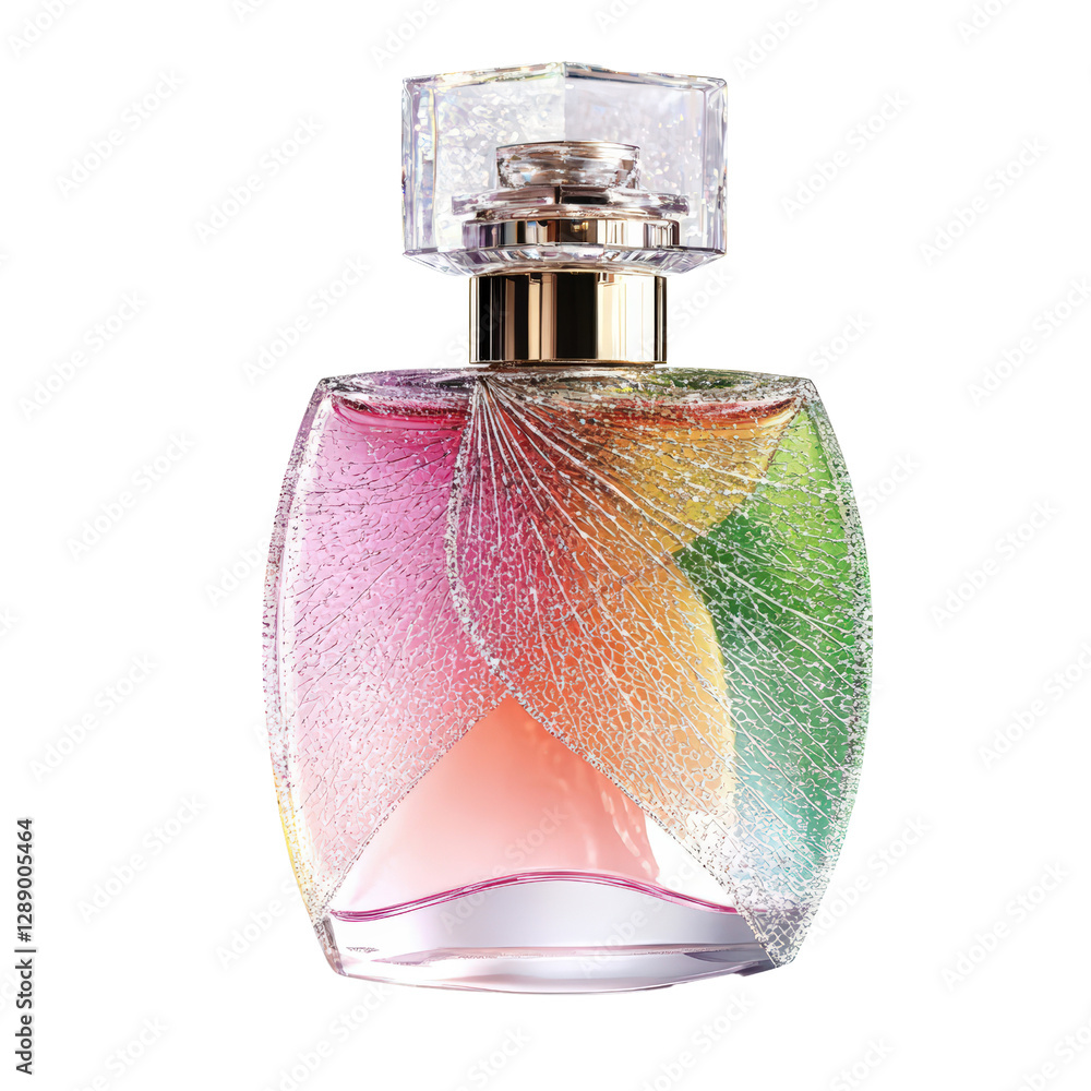 Poster bottle of perfume with a rainbow colored leaf placed beside it on a neutral background isolated on t