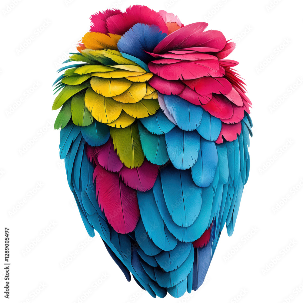 Poster brightly colored parrot feathers displaying a variety of vibrant hues and patterns on a natural back