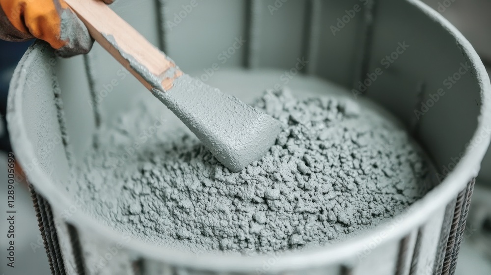 Poster a close-up of a hand mixing a gray concrete mixture in a bucket with a spatula, showcasing the textu