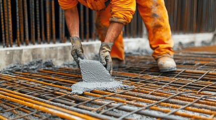 A construction worker pours concrete onto rebar, focusing on the foundation work for a building project.