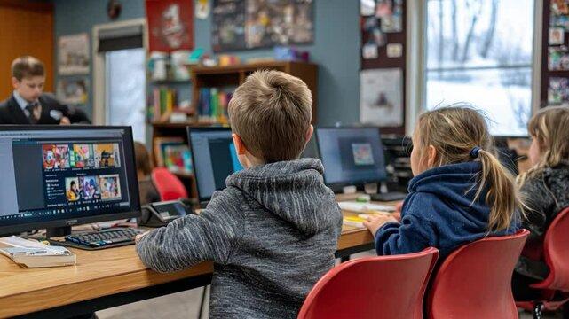 Kids in the Computer Lab: Capturing the spirit of learning in a modern classroom setting, focusing on the focused children, working diligently at their computers.