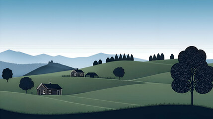Serene Rural Landscape with Rolling Green Hills and Distant Mountains
