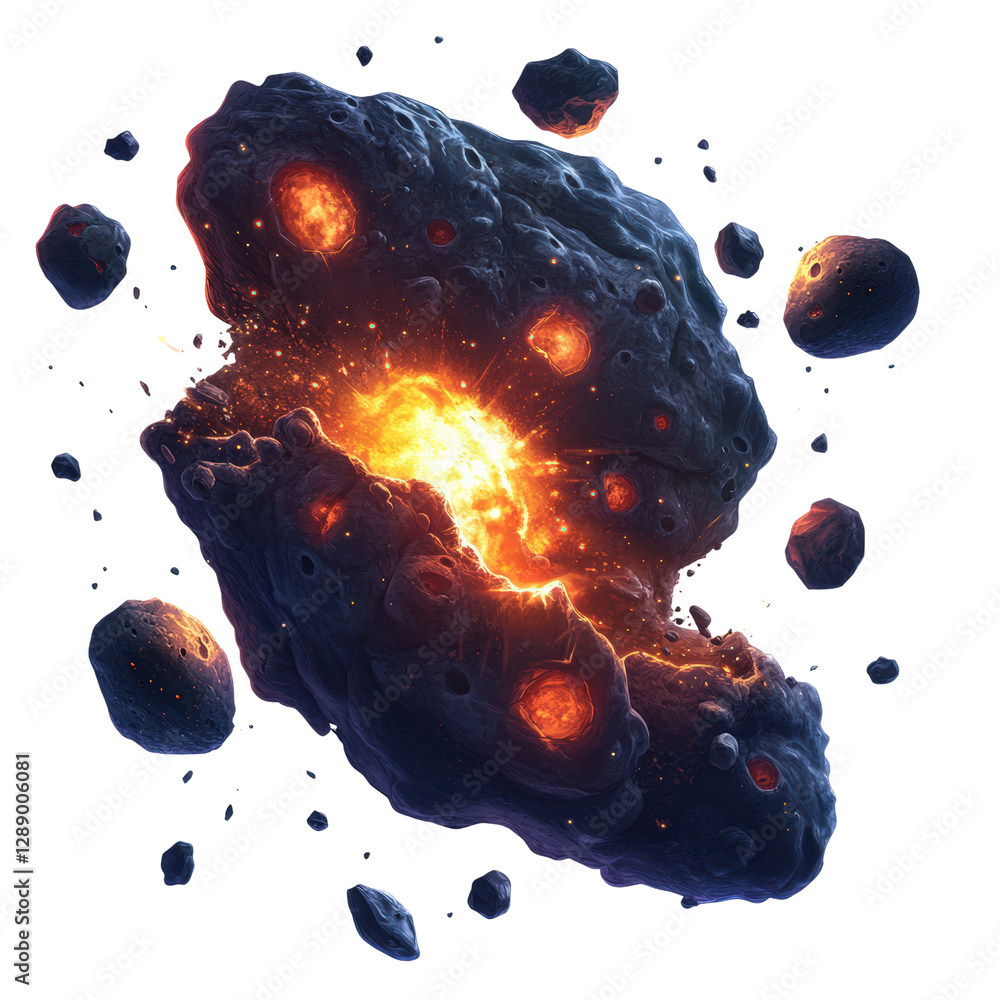 Poster large asteroid surrounded by multiple smaller asteroids in deep space with starry background isolate