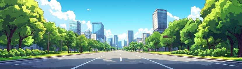 A sleek, modern illustration in flat style highlighting a city scene with shops, buildings, a crossing, a mall, and traffic lights