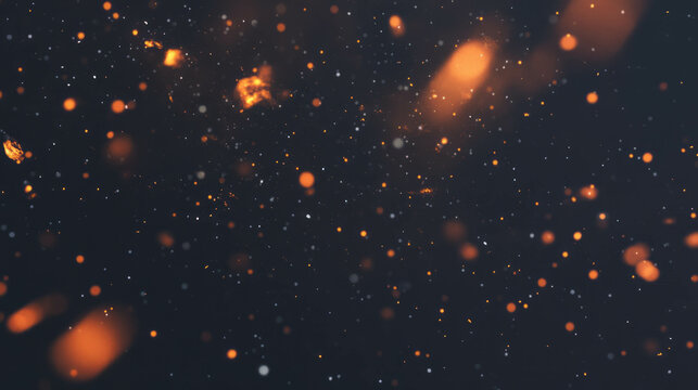 Abstract background of falling ash and glowing particles in dark smoky atmosphere