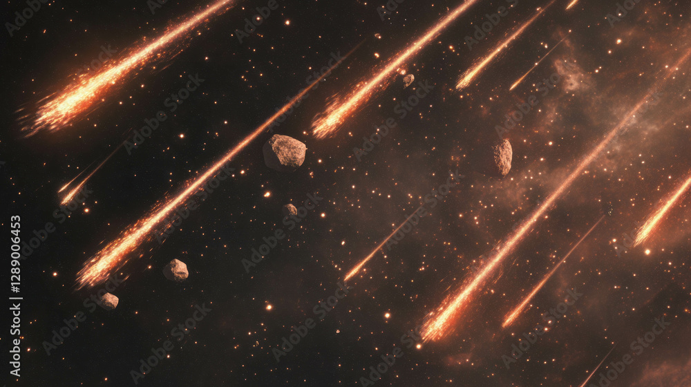 Poster cosmic scenery of falling asteroids with fiery trails in deep space