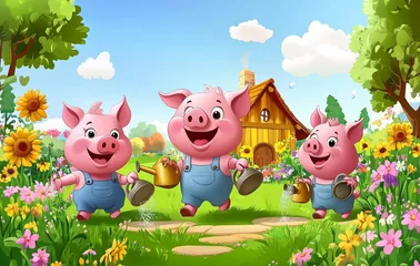 Gordijnen In a scene from The Three Little Pigs, three small pigs are standing by their houses made of stone, straw, and wood, while a grumpy, hungry wolf approaches. © MKS