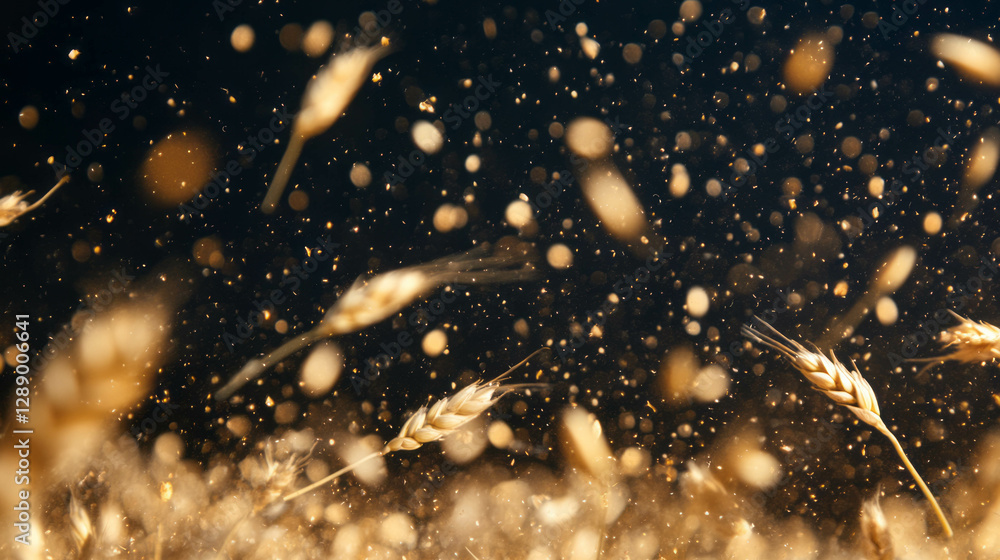 Poster dynamic background with falling barley grains and beverages theme for design