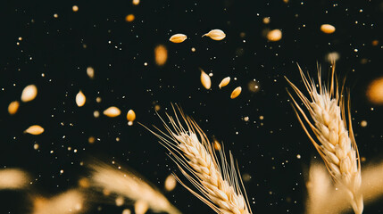 Golden barley grains falling against dark background for harvest celebration design