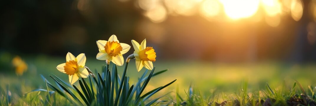 Beautiful yellow narcissus flowers blooming in spring sunlight with reflection in water