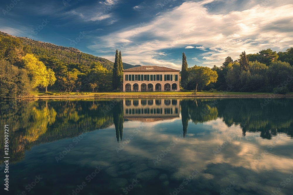 Poster a large building situated on the surface of a serene lake