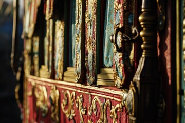 A close-up shot of a vintage-inspired train car with red and gold accents