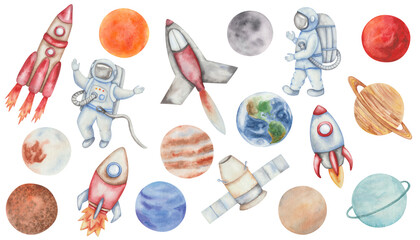 Watercolor illustration. Space set. Hand painted all planets of Solar system with star Sun, satellite Moon. Spaceship, spacecraft, rocket. Spaceman, cosmonaut flying in open space. Isolated clip art