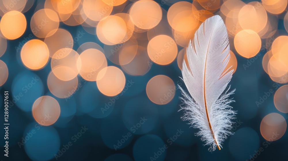 Poster a delicate feather floats against a blurred backdrop of shimmering lights, creating an ethereal and 