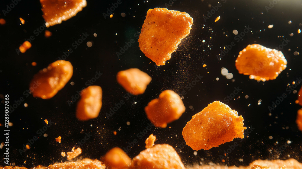 Poster dynamic background of falling chicken nuggets in motion