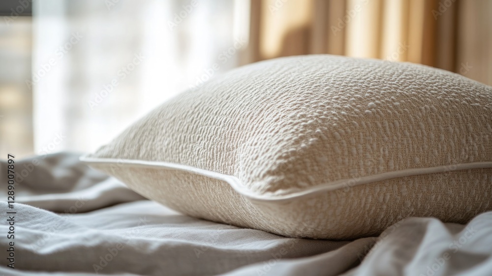 Poster a close-up view of a pillow resting on a bed