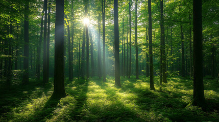 Obraz premium Enchanting Green Forest with Sun Rays - Lush Woodland Nature Scene, nature photography, environmental awareness campaigns, eco-tourism promotions, mindfulness content, wellness blogs, 
