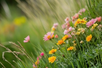 A collection of colorful flowers growing among green grass