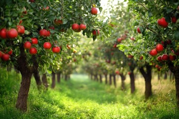 A picturesque apple orchard with numerous fruit-bearing trees, ideal for food and beverage photography or as a background image