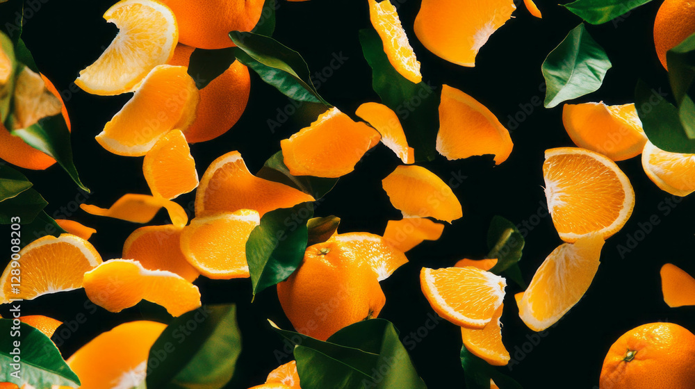 Poster vibrant display of falling citrus peels and fresh orange slices for nature design